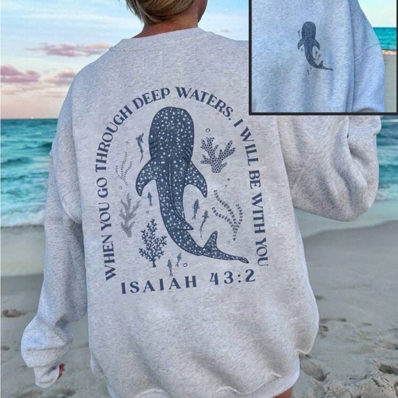 Avery Reigns Tops - Isaiah 43:2 Whale Shark Graphic Sweatshirt - Light Gray